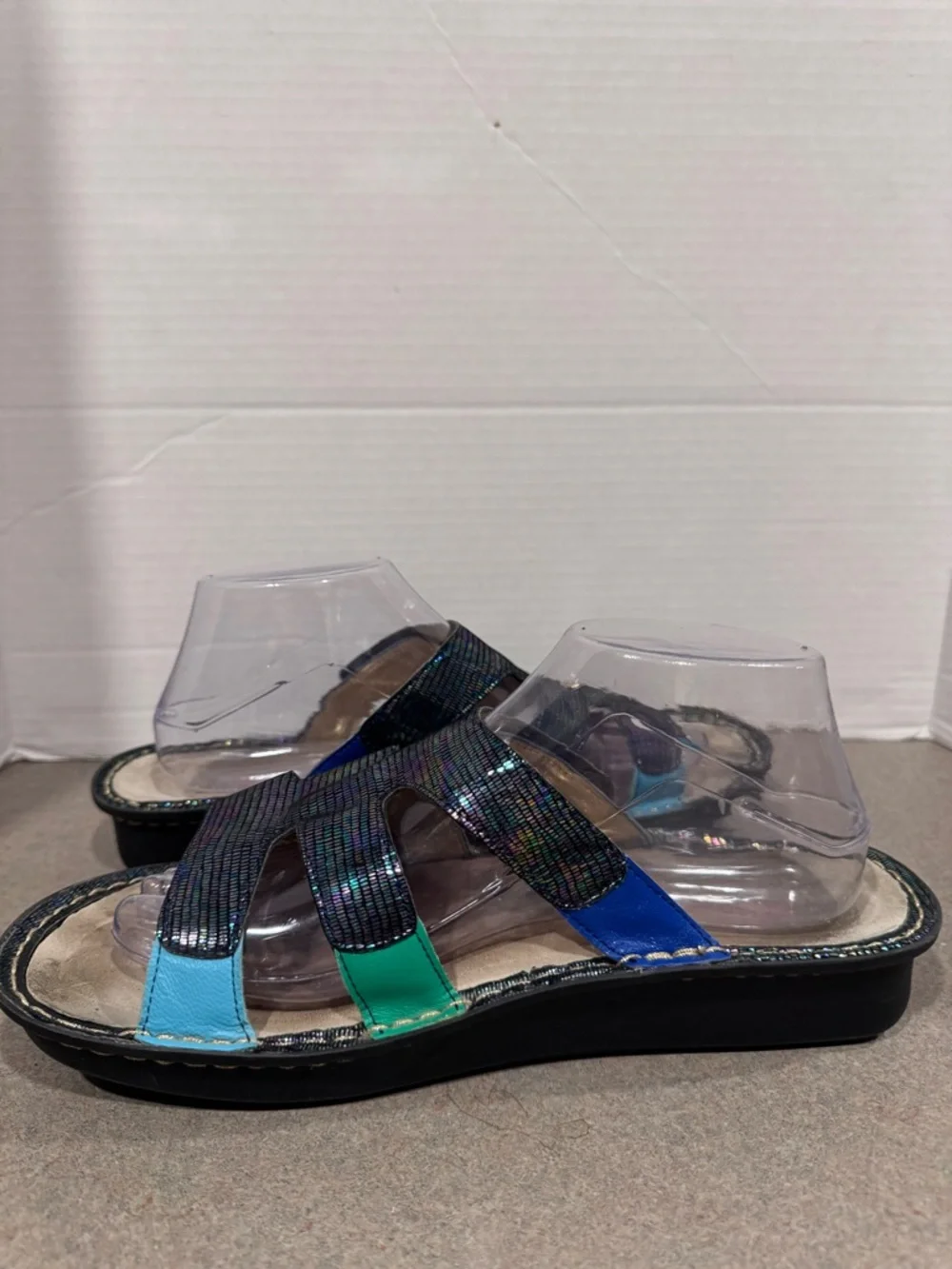 Alegria Venice Blue Green Slip-on Hook And Loop Metallic Iridescent Sandals